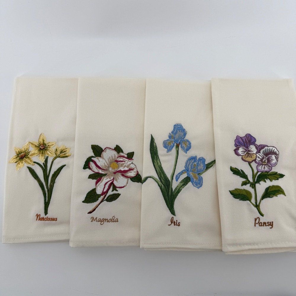 Portmeirion Botanic Garden Embroidered Napkins Set of 4 Floral 19in Ivory NEW